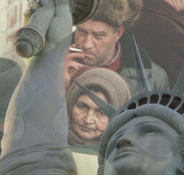 A collage of Russian immigrants and the statue of liberty.